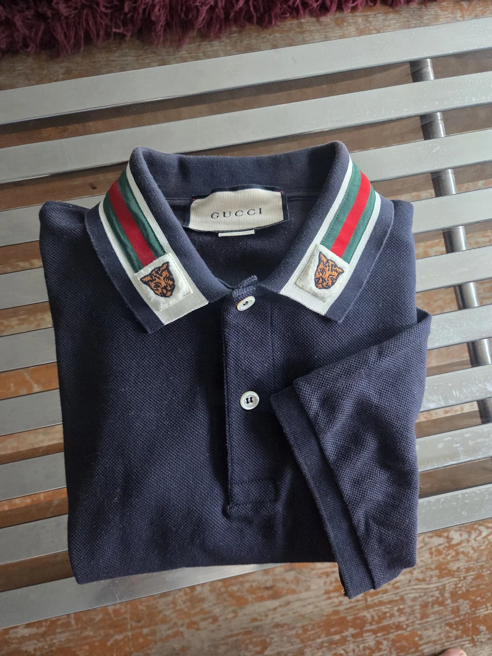 Men's Gucci Navy Polo with Tiger. Green & Red Stripe Collar Size L. Worn Once